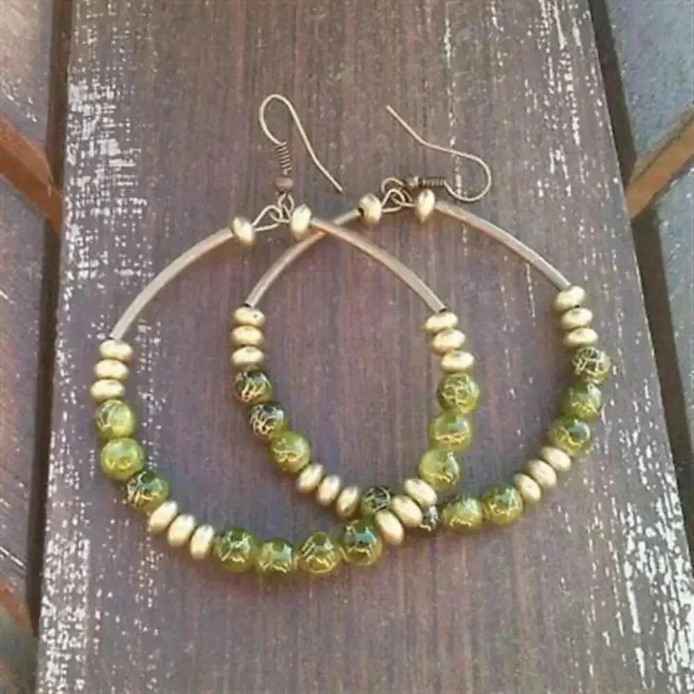 Hand Crafted Big Beaded Hoop Earrings 3" Long Antiqued Brass Gold Olive Green - Picture 1 of 1
